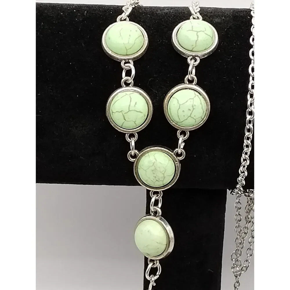 Necklace and Matching Earrings in a Mint Green Stone with Silver tone Tassel